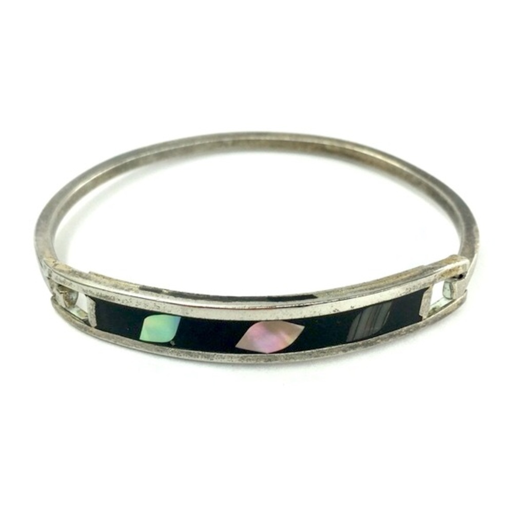 Vintage Alpaca Silver Bangle Bracelet Abalone Shell Inlay 70’s 80’s Western